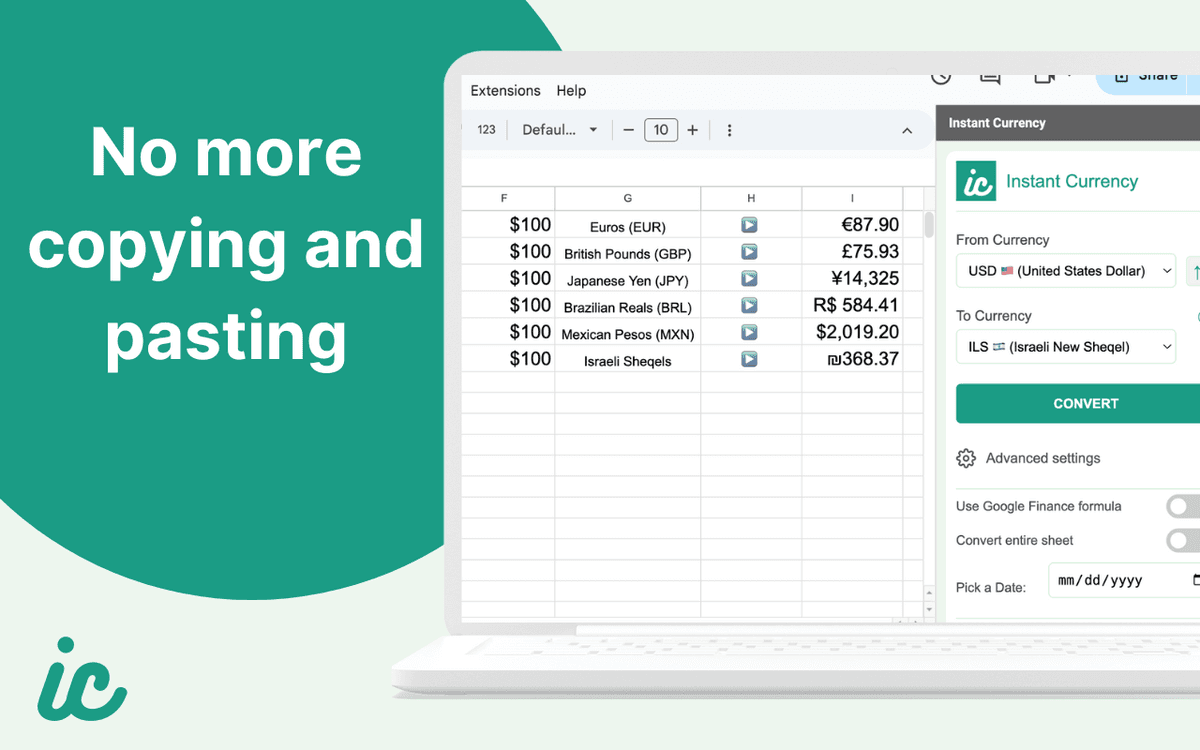 The Instant Currency sidebar open in Google Sheets, converting USD amounts to multiple currencies including EUR, GBP, JPY, BRL, MXN, and ILS