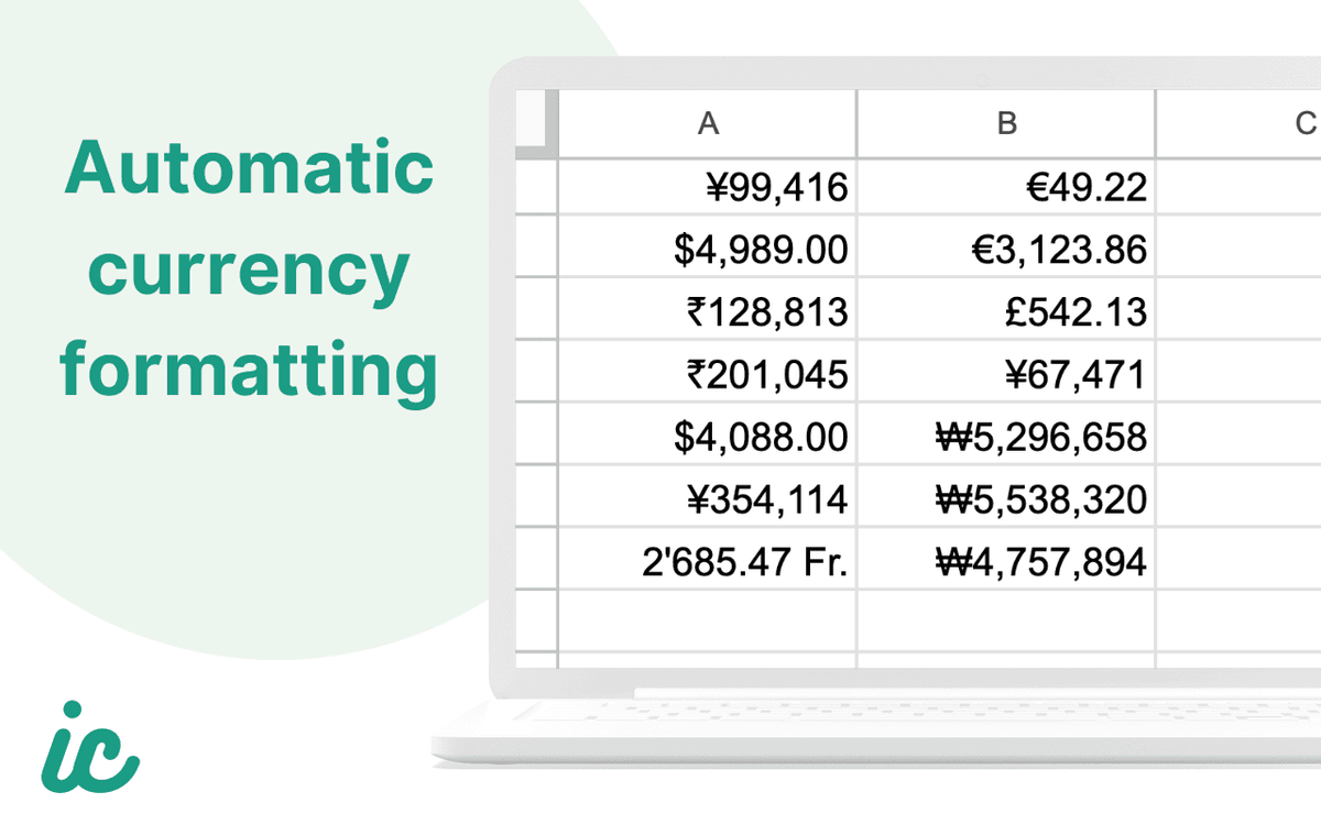 Spreadsheet with automatic currency formatting applied to yen, dollars, rupees, euros, pounds, Swiss francs, and Korean won