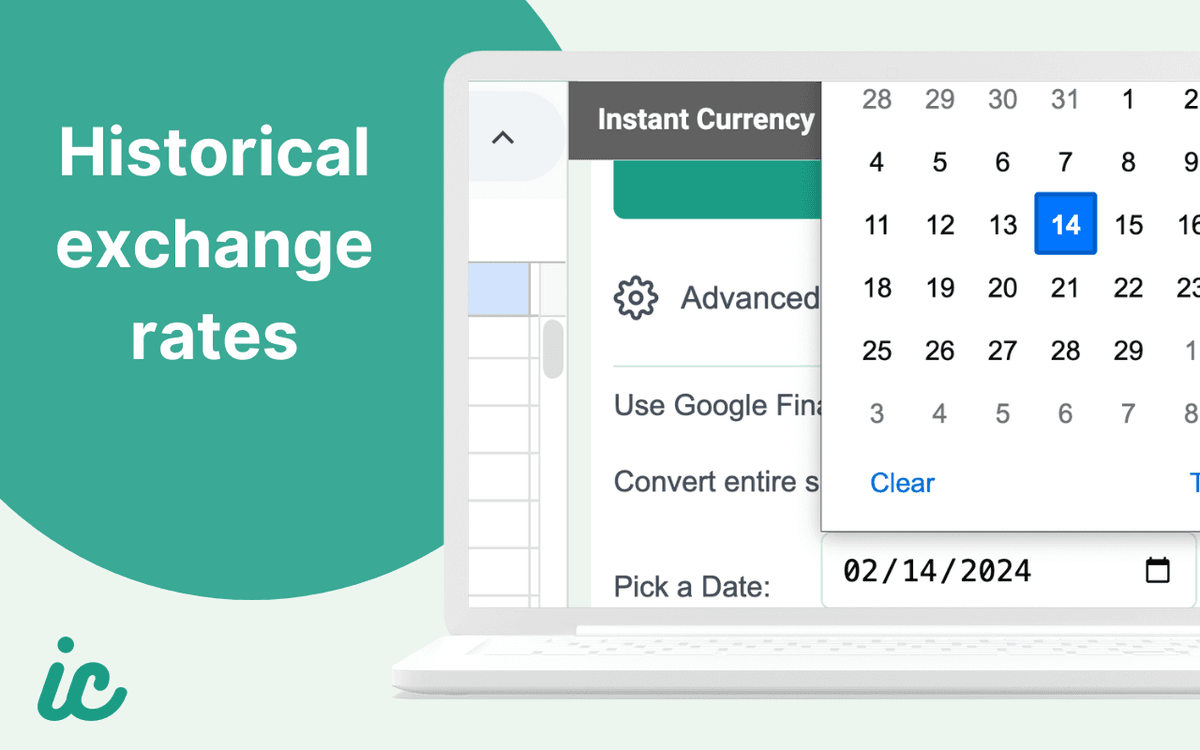 Instant Currency date picker for selecting historical exchange rates, showing February 2024 calendar