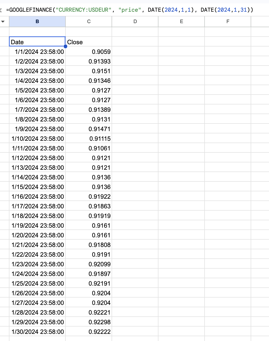 Datumsbereich von Wechselkursen in Google Sheets