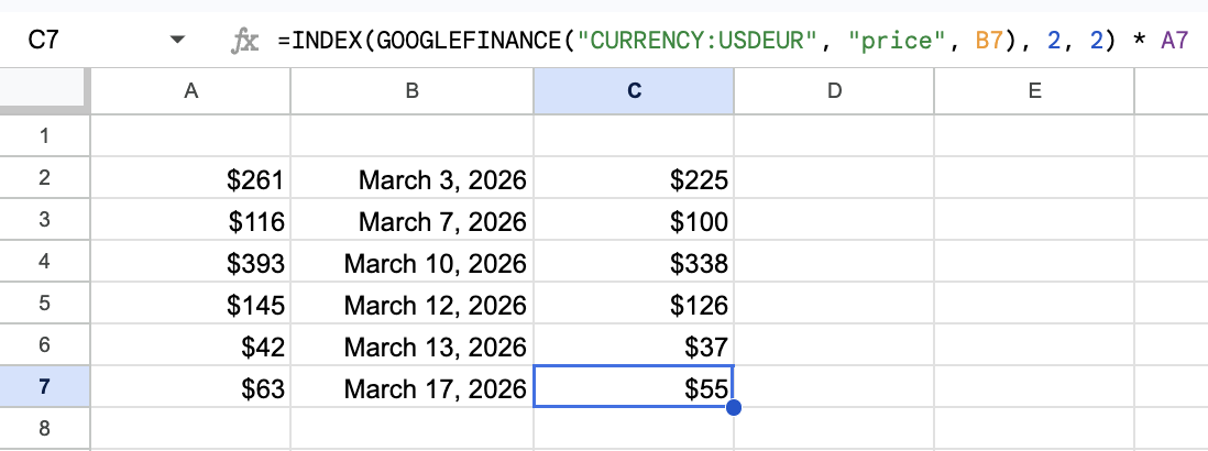 Spesenabrechnungstabelle mit historischen Wechselkursen pro Zeile