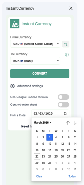 Instant Currency Datumsauswahl für historische Kurse