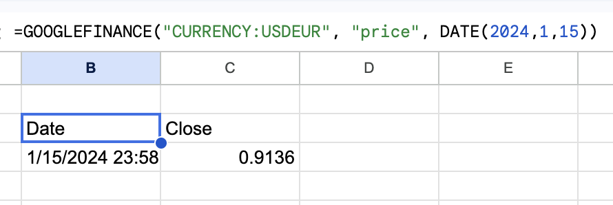 Rohausgabe von GOOGLEFINANCE mit Datums- und Preisspalte