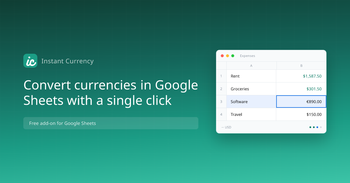 Instant Currency Google Sheets add-on sidebar showing USD to GBP conversion